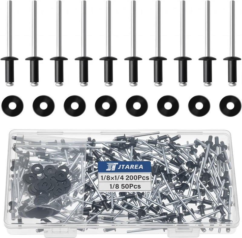 JTAREA 250pcs 1/8" x 1/4" Black Aluminum Pop Rivets with Stainless Steel Washers 3.2 x 6.4mm Blind Rivet Assortment Kit - Image 1
